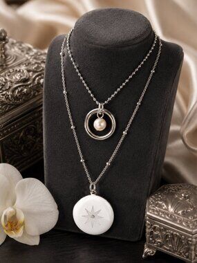 Silver Layered Necklace Star Celestial Pearl Charm Dainty Double Clean Girl